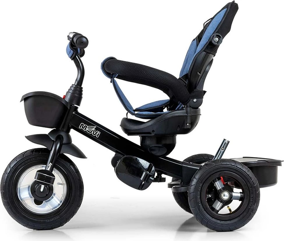 Tricikël me dorezë shtytëse, Milly Mally Movi, sedilje 360°, rrota të fryra, rripa 3‑pikësh, blu