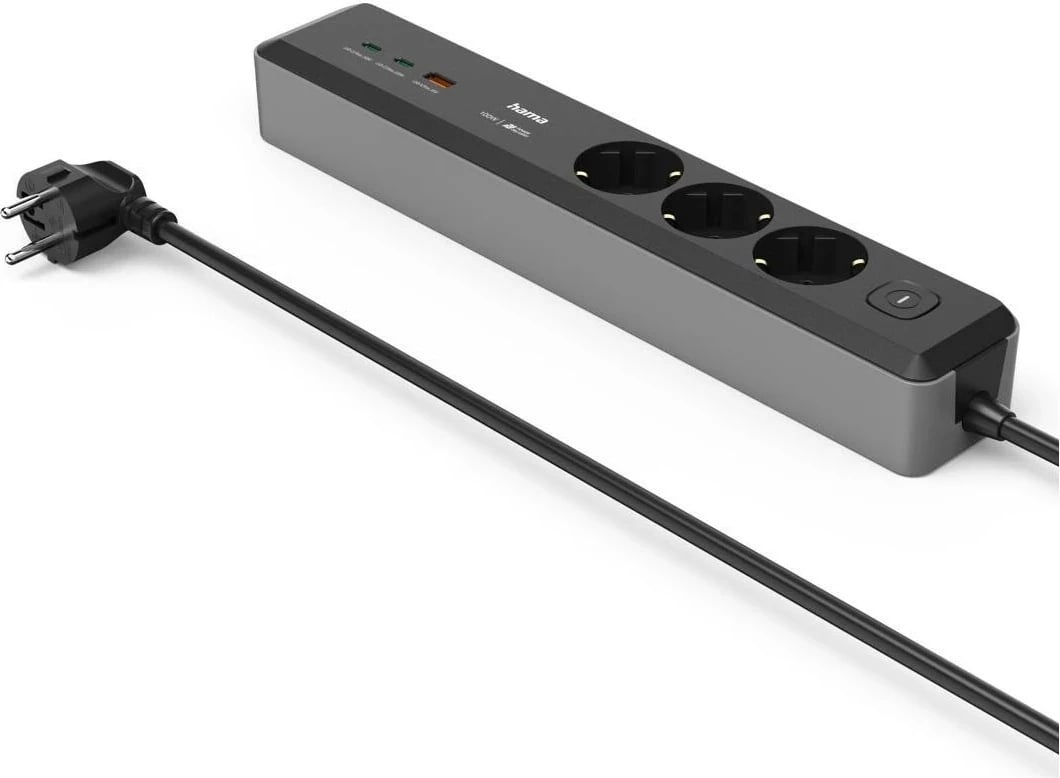 Listë zgjatje Hama, 3 gniazda SCHUKO, 1,4m, 2 USB-C, 1 USB-A, Power Delivery, 100W, gri