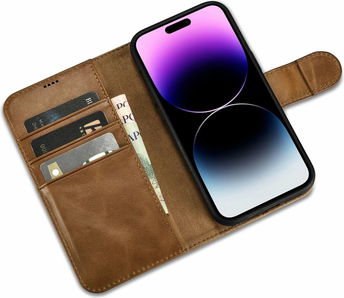 Mbështjellës iCarer Oil Wax Wallet Case 2in1 për iPhone 14 Pro, lëkurë natyrale, Anti-RFID, Kafe