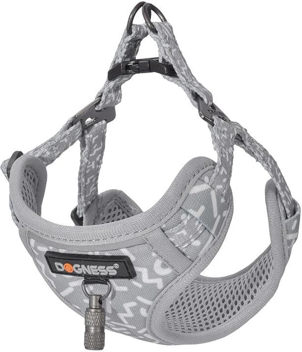 Set për shëtitje me qen Dogness, DOG SET GREY, rrip 1.5m + harness, gri e lehtë