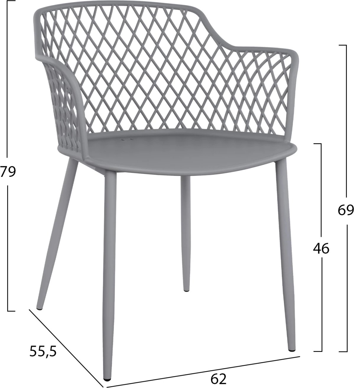 Karrige me krahë polipropileni Jocelyn FH8510.10 gri me këmbë metalike 62x55.5x79cm, set prej 4 copë