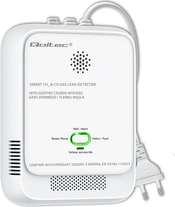 Sensor gazi dhe monoksidi karboni, Qoltec, 52578, alarm 85dB me LED, furnizim 220-240V, i bardhë