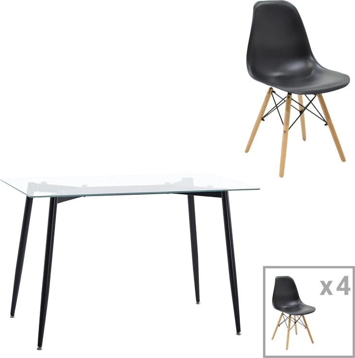 Set tavoline me karrige, xham i tejdukshëm, këmbë të zeza, Quana-Julita, 120x70x75cm, 5 copë