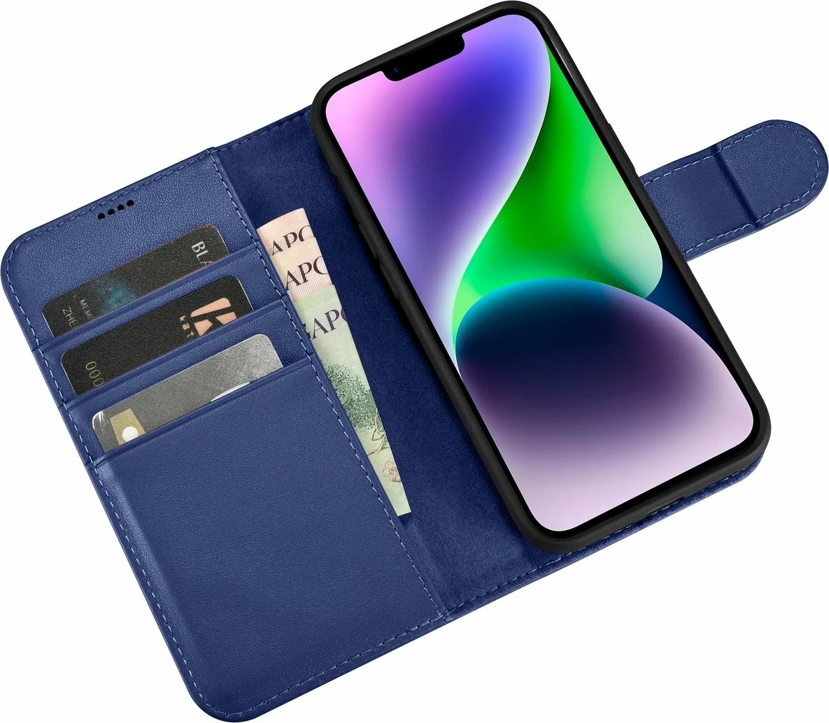 Mbështjellës iCarer Wallet Case 2in1 për iPhone 14, lëkurë natyrale, Anti-RFID, Blu