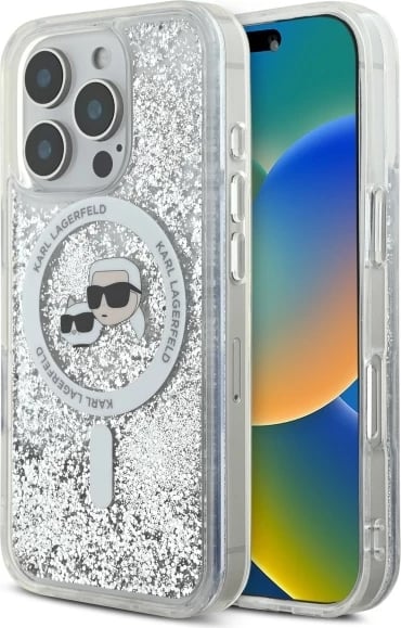 Mbështjellës Karl Lagerfeld Liquid Glitter Karl & Choupette Head MagSafe për iPhone 16 Pro, Transparent