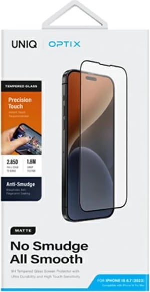 Mbrojtës ekrani xham i temperuar UNIQ Optix Matte për iPhone 15 Plus / 14 Pro Max, me komplet aplikimi