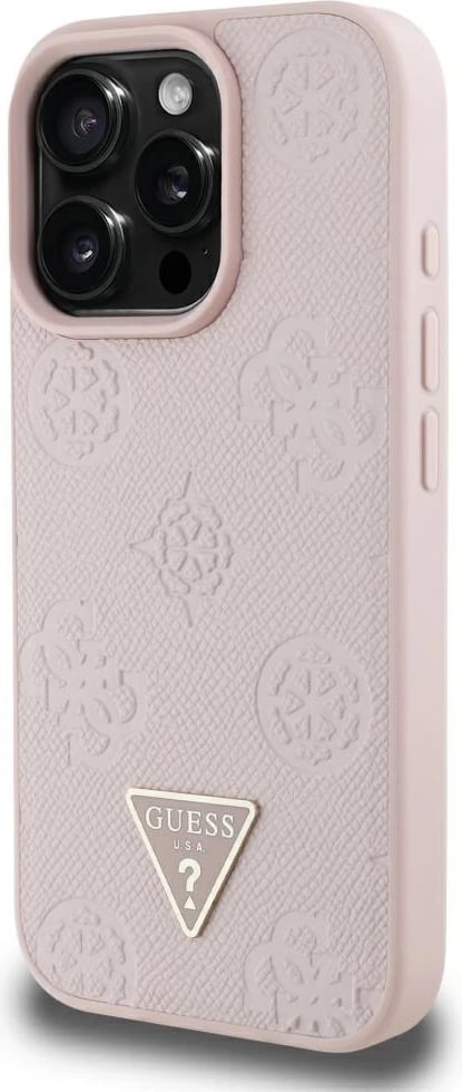 Mbështjellës Guess Grained Hot Stamp Peony Triangle Logo MagSafe për iPhone 16 Pro Max, Rozë