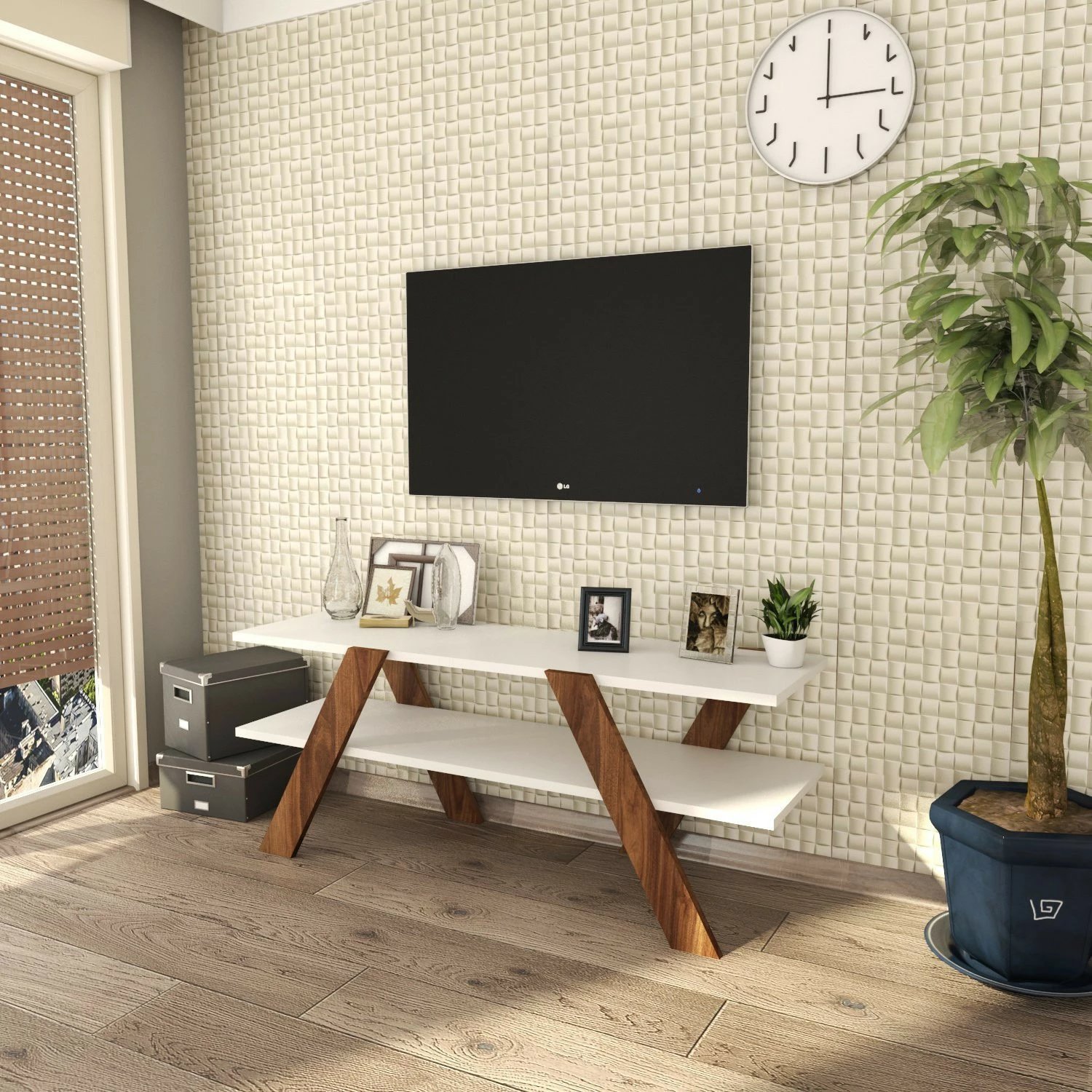 Komodë TV Hanah Home, Basic - 146, e bardhë dhe arre, 120x45x33.1cm