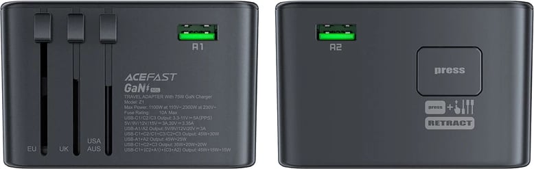 Karikues udhëtimi Acefast Z1 GaN, 75W, 3x USB-C, 2x USB-A, i zi