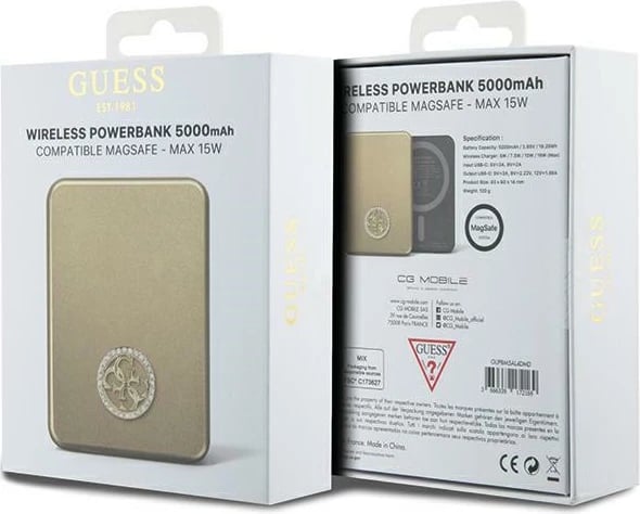Powerbank Guess 4G Strassed Metal Logo MagSafe, 5000mAh, 15W, Ari