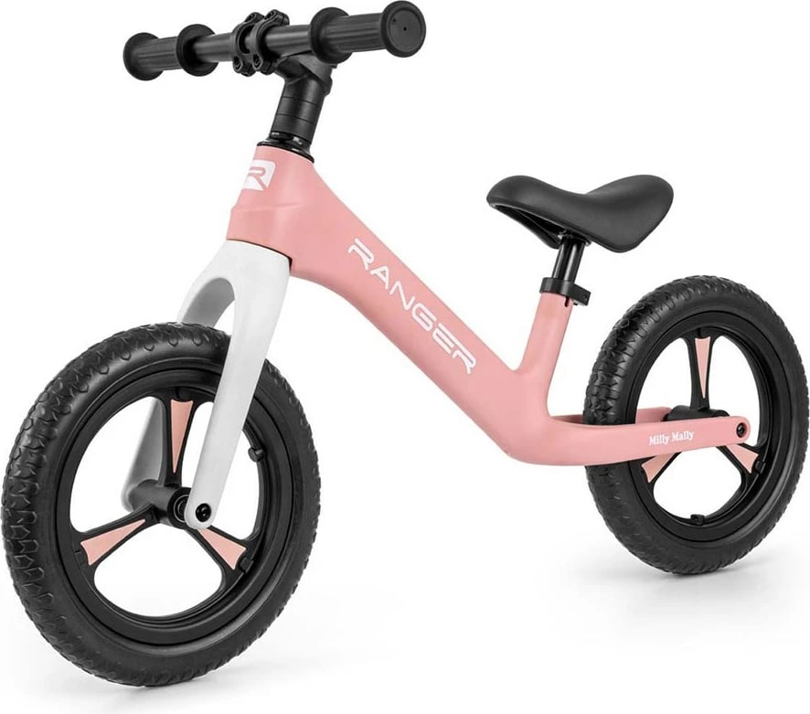 bicikletë balancuese, Milly Mally, Ranger, rrota 12" EVA pa shpim, kornizë kompozite e lehtë, ulëse e rregullueshme 35-41 cm, 2+ vjeç, ngarkesa 25 kg, rozë