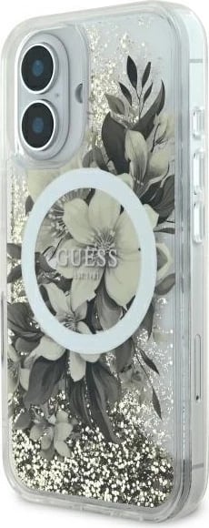 Mbështjellës Guess Liquid Glitter Flower MagSafe për iPhone 16, Bezhe