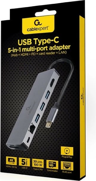 Kasë USB-C Gembird A-CM-COMBO5-05, 6 porte, HDMI, LAN, SD/microSD, Zezë/Argjendtë