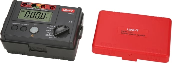 Testues tokëzimi, UNI-T UT521, matje 2/3 tela, gamë 0–4000 Ω, matje tensioni toke AC 0–400 V, memorie 20 sete, ekran me ndriçim, e kuqe/gri