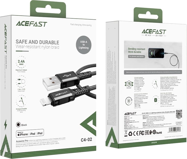 Kabllo Acefast C4-02-A-L, USB në Lightning, 1.8m, 2.4A, e zezë