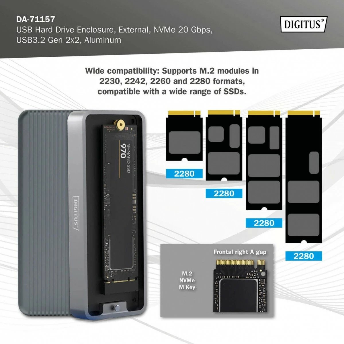Kasë Digitus DA-71157 për SSD M.2 NVMe, USB 3.2 Type C, 20 Gb/s, Alumini, Gri