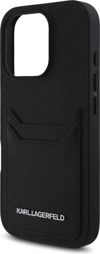Mbështjellës Karl Lagerfeld HC Grained PU Cardslot Metal Elong për iPhone 16 Pro, i zi