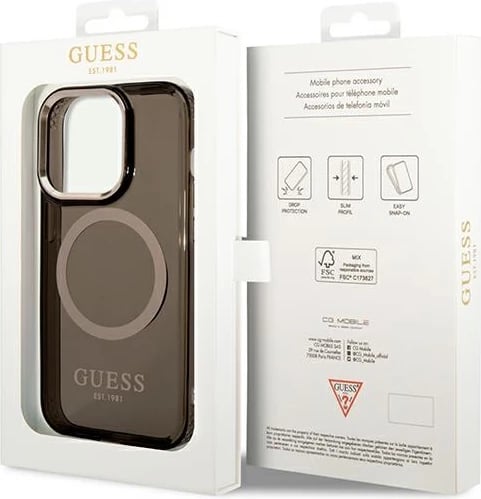 Mbështjellës Guess GUHMP14LHTCMK për iPhone 14 Pro 6.1", i fortë, MagSafe, i zi/me të arta
