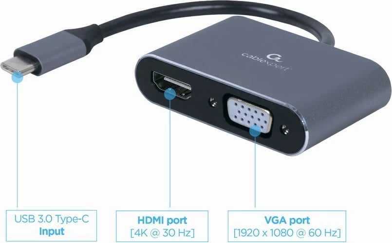 Adapter Gembird A-USB3C-HDMIVGA-01 USB-C në HDMI/VGA, Gri