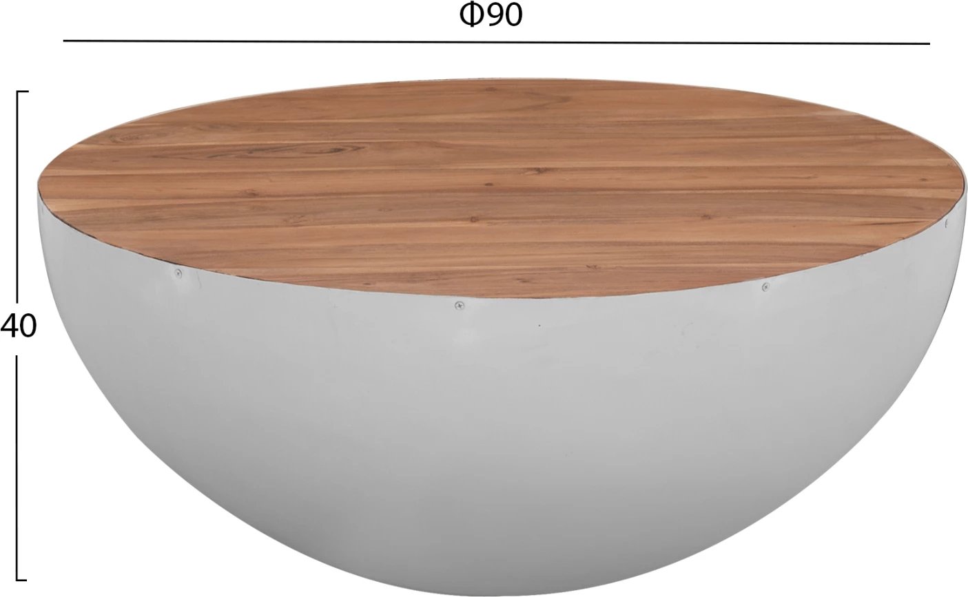 Tavolinë dekorative për kafe, formë gjysmë-sferike, ngjyrë e bardhë dhe dru akacie, FH8717.03, 90cm