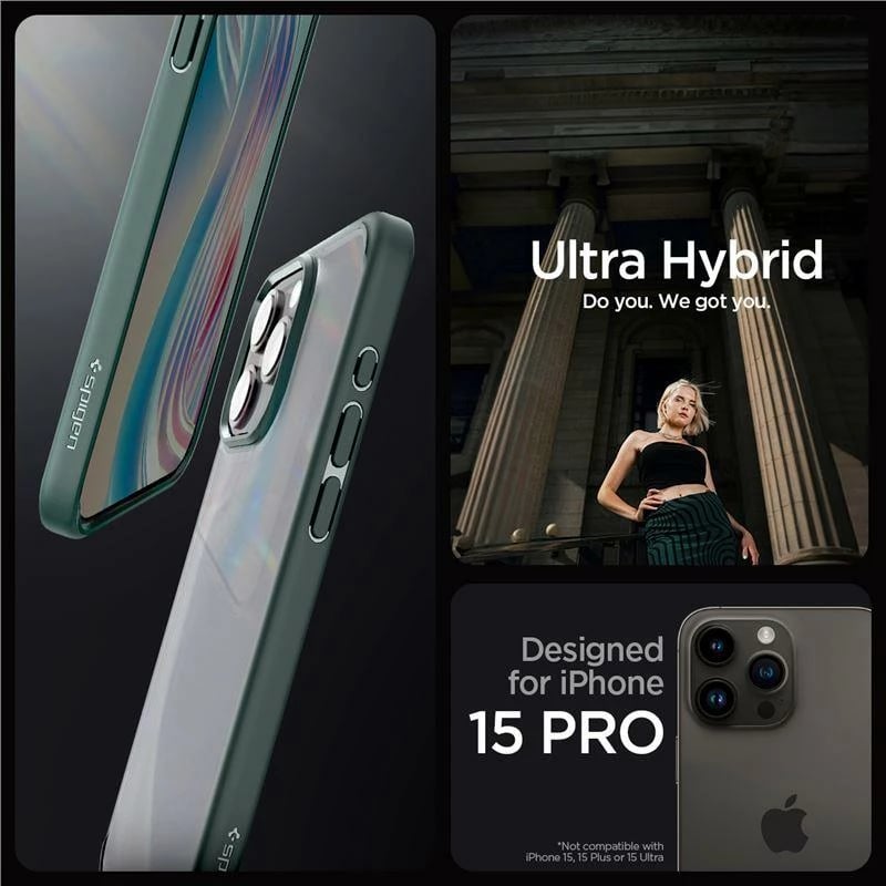 Mbështjellës Spigen Ultra Hybrid për iPhone 15 Pro, Gjelbër e errët