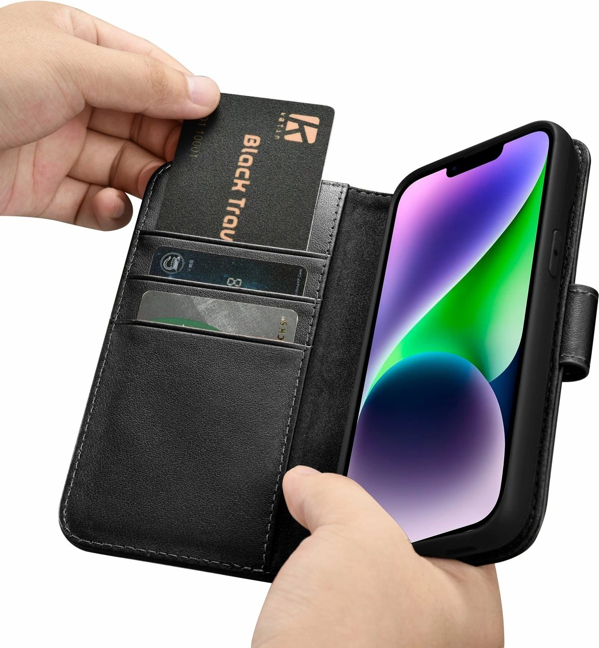 Mbështjellës iCarer Wallet Case 2in1 për iPhone 14 Plus, lëkurë natyrale, Anti-RFID, e zezë