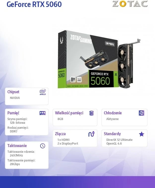 Kartë grafike ZOTAC GeForce RTX 5060 LP 8GB GDDR7, 128-bit, 2x DisplayPort/HDMI, PCIe 5.0 x8