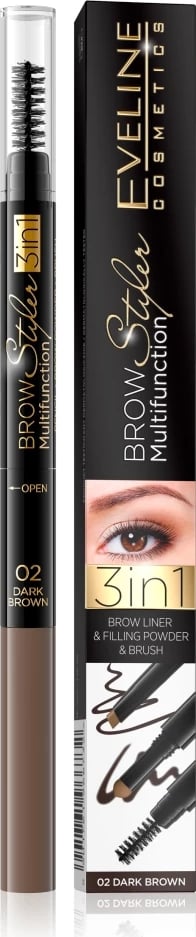 Laps për vetulla Eveline Cosmetics Brow Styler Multifunction 3-in-1 02 Dark Brown, 1 copë