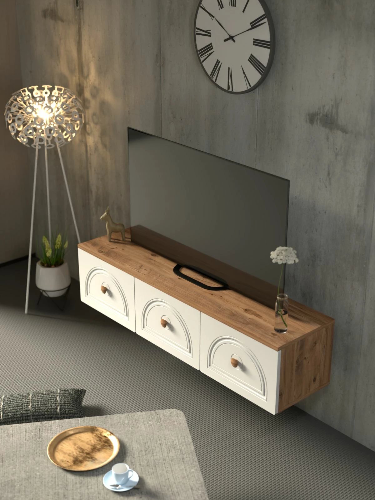 Komodë për TV Virella 135, Skye Decor, ngjyrë Atlantic Pine dhe e bardhë