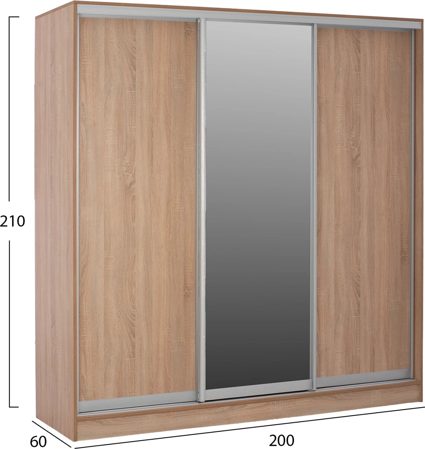 Dollap me dyer rrëshqitëse me pasqyrë, ngjyrë lisi, FH2435, 200x60x210 cm