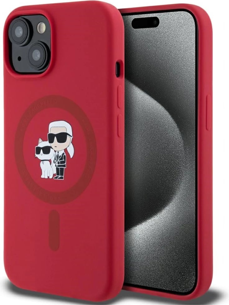 Mbështjellës Karl Lagerfeld Silicone Karl&Choupette Heads Ring MagSafe për iPhone 15, Kuq