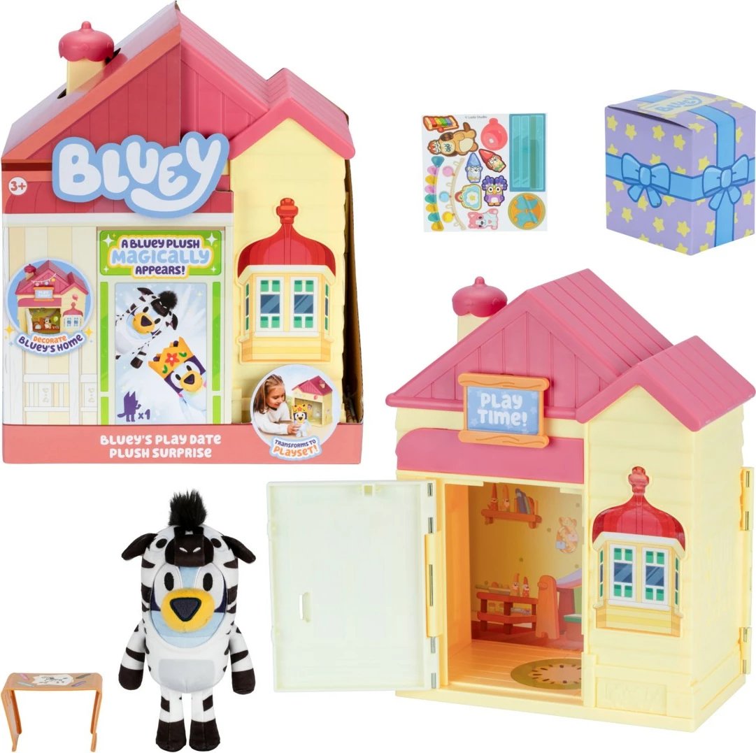 Set lodrash Bluey House Surprise me lodër pelushi, shumëngjyrëshe
