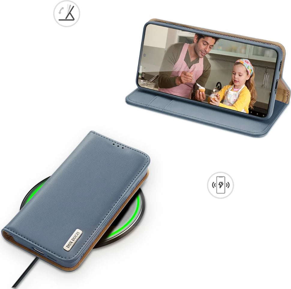 Mbështjellës Dux Ducis Hivo për Samsung Galaxy S22+, lëkurë natyrale, me xhepa për karta, Blu