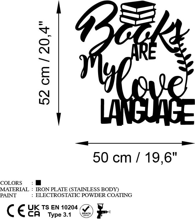 Aksesor dekorativ metalik për mur, Wallity, ngjyrë e zezë, 'Books are my love language', 50x52cm