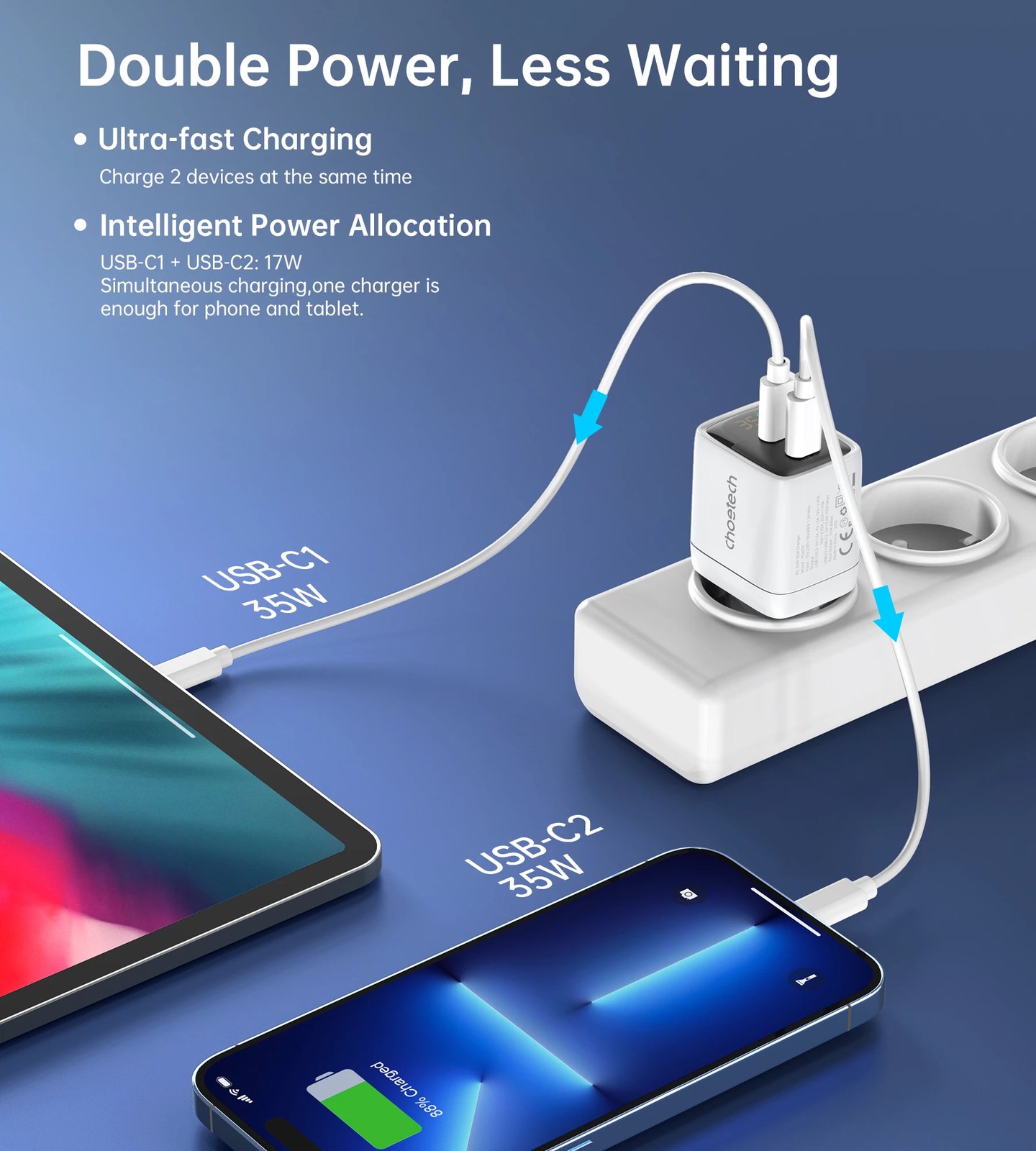 Karikues muri Choetech PD6051, 2x USB-C PD, 35W, me ekran, i bardhë