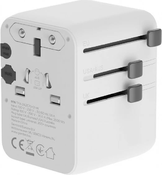 Adapter universal udhëtimi, Gembird, TPA-2A3C70-01-W, 70 W GaN, USB-C PD + USB-A QC, prizë AC universale, e bardhë