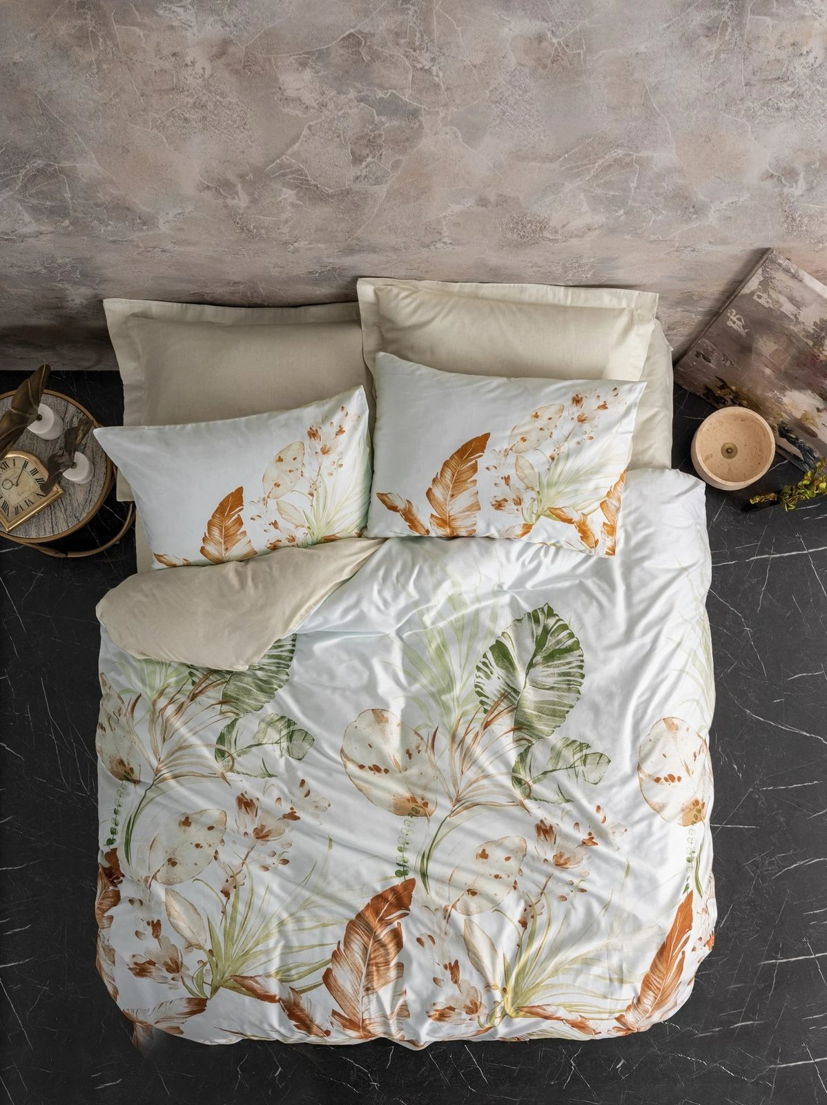 Set mbulesë për jorgan Super King Satin, L'essentiel, ngjyrë bezhë, jeshile, e bardhë