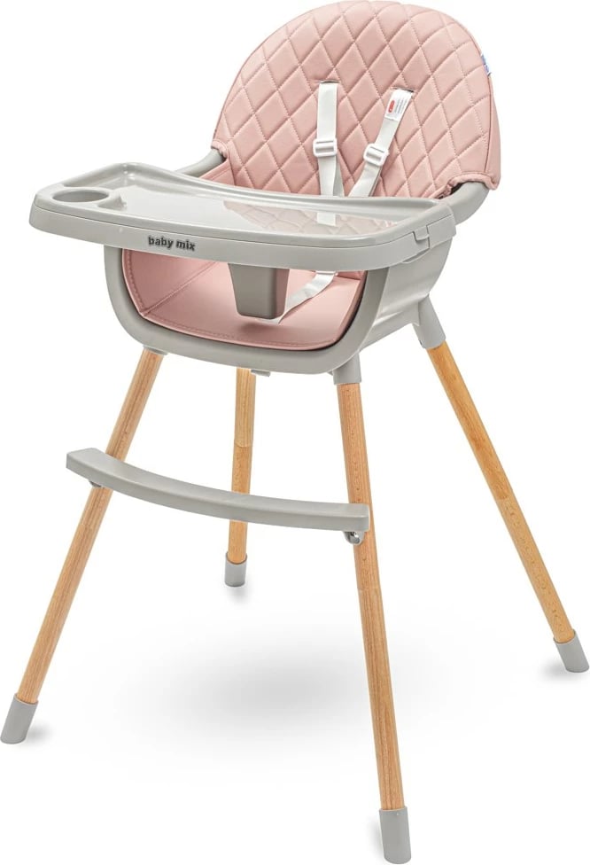 karrige ushqimi e lartë, Baby Mix, Freja, 2-në-1 e kthyeshme në karrige të ulët, tabaka dyshe e rregullueshme, këmbë druri, rrip 5-pikësh, rozë e zbehtë