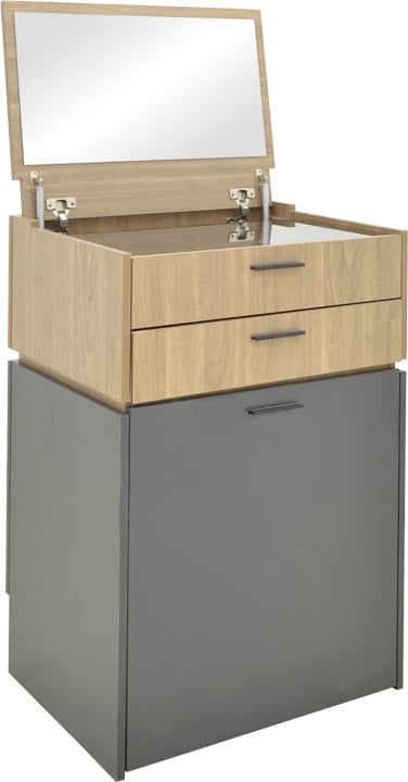 Tavolinë grimi Sonlen, ngjyrë gri e errët-dru arre i çelët, me pasqyrë dhe stol, 60x45x122cm