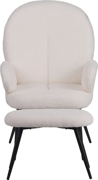 Karrige me këmbëngritës Qarar, stof boucle, ngjyrë bardhë, këmbë metalike të zeza, 67.5x67.5x106cm