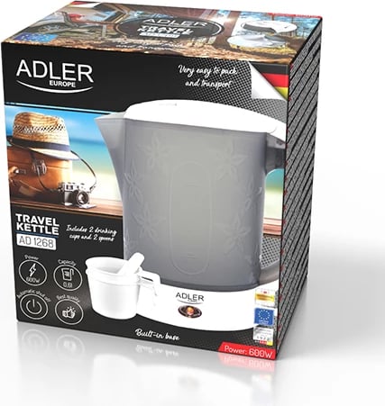 Çajnik elektrik, Adler, AD 1268, 0.6 L, plastikë, 900W, udhëtim, i bardhë-gri, set me 2 gota e 2 lugëza