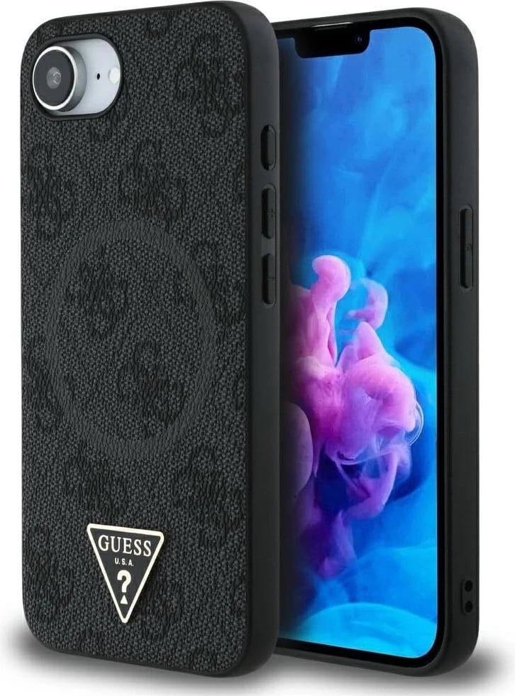 Mbështjellës Guess 4G Ring Triangle Logo MagSafe për iPhone 16e, i zi