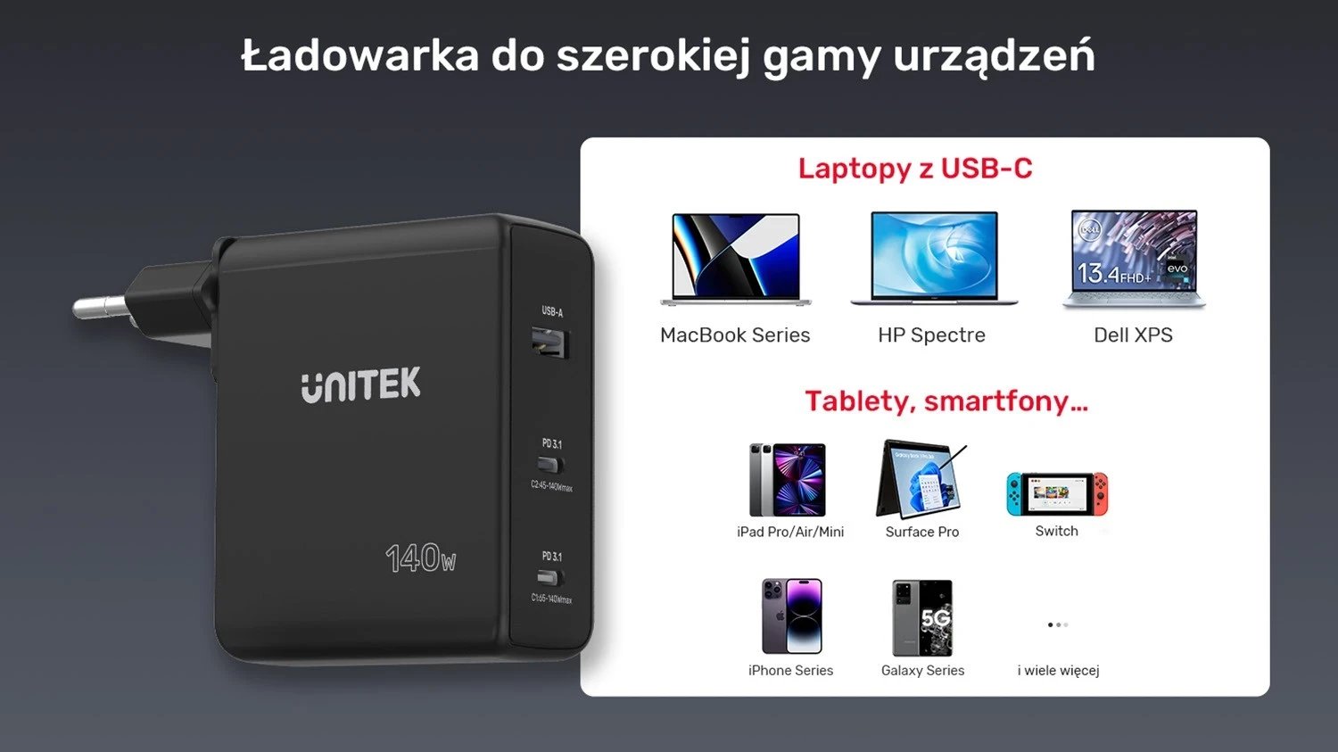 Karikues Unitek GaN me 3 porta, 140W, ngjyrë e zezë