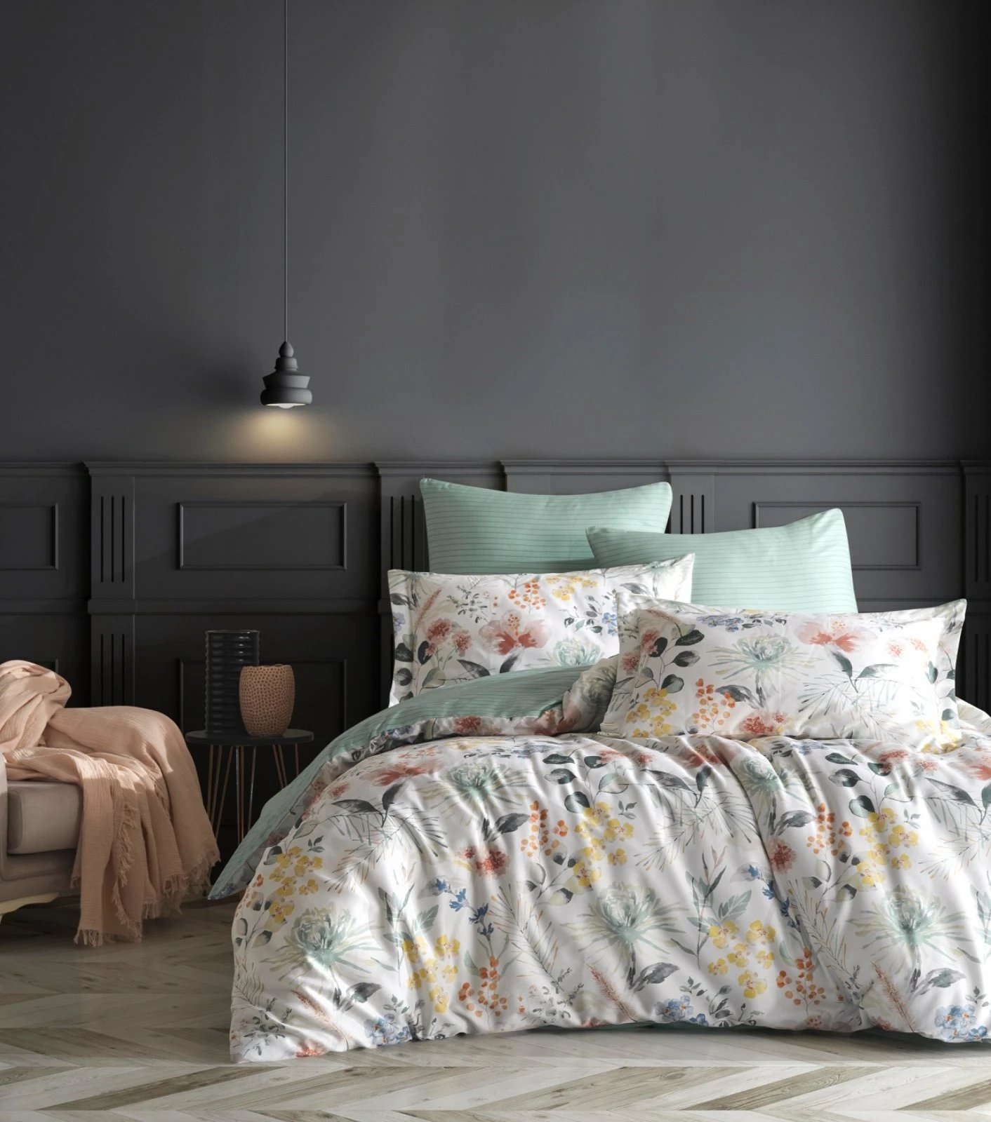 Set mbulesë për jorgan super king, L'essentiel, Lily, ngjyrë e bardhë, mente, e verdhë, rozë