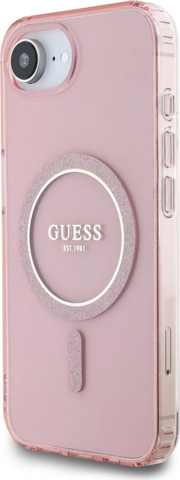 Mbështjellës Guess IML Glitter Circle MagSafe për iPhone 16e, rozë Mbështjellës Guess IML Glitter Circle MagSafe për iPhone 16e, rozë