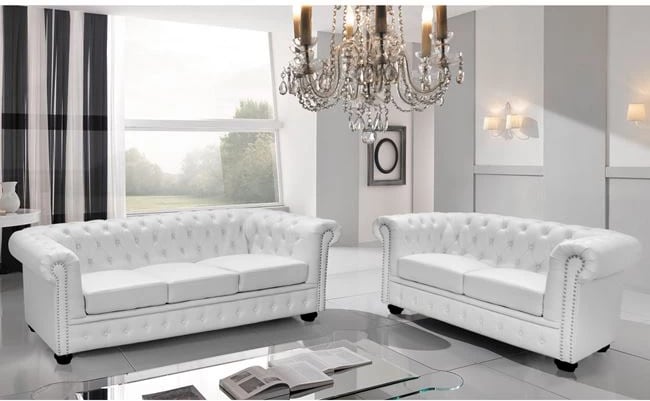 Set divanësh për dhomë ndeje 2 dhe 3 vendesh Chesterfield, ngjyrë e bardhë matte, FH11220.02