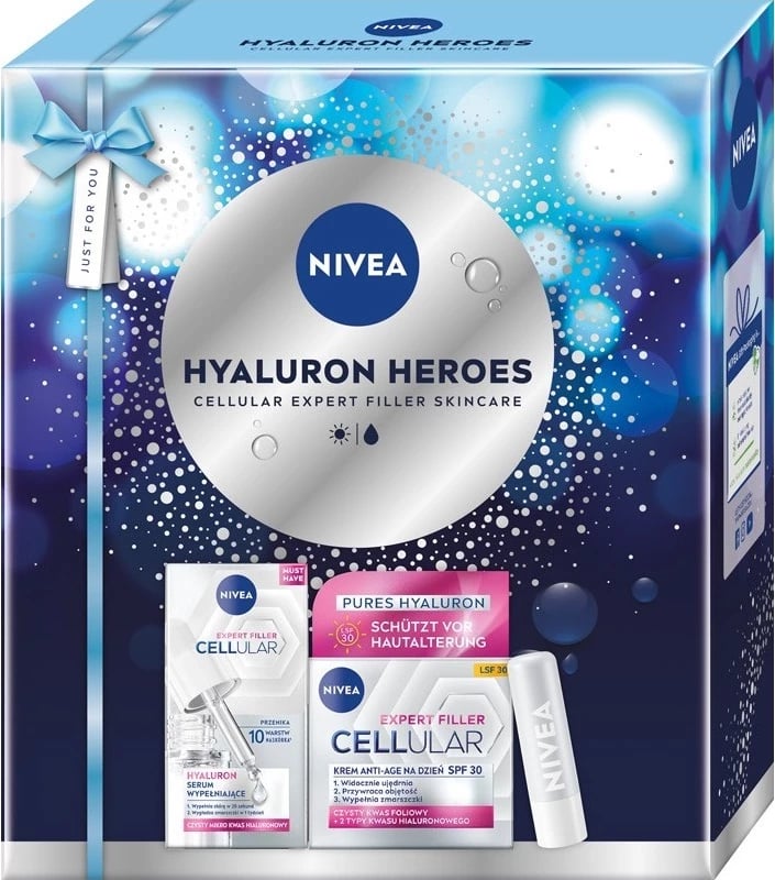 Set kozmetik për femra Nivea Hyaluron Heroes serum 15ml + krem dite SPF30 50ml + balsam për buzë 4.8g