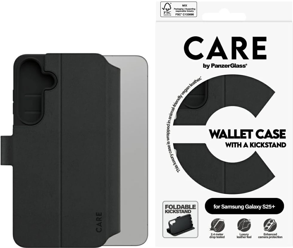 Mbështjellës PanzerGlass CARE me portofol dhe kickstand për Samsung Galaxy S25+, i zi