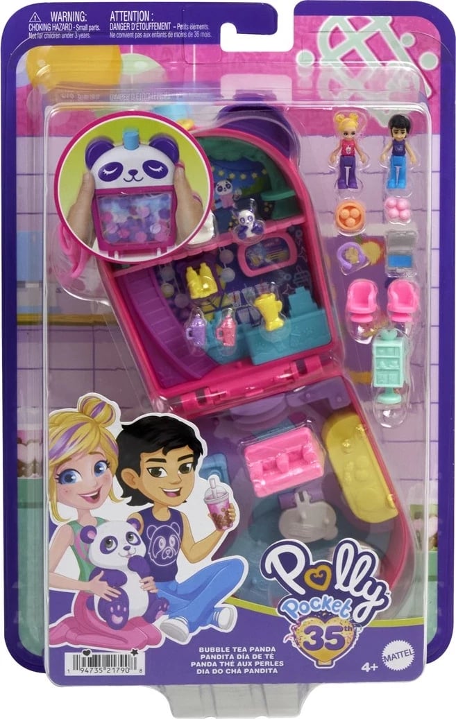 Set lodrash Polly Pocket Bubble Tea Panda Compact me 2 kukulla të vogla dhe panda, shumëngjyrësh