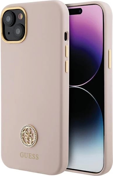Mbështjellës Guess Silicone Logo Strass 4G për iPhone 15, Rozë e çelët
